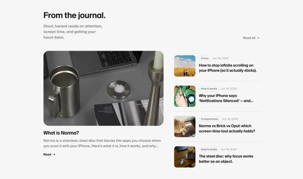 Norma — Block distracting apps by scanning a steel disc - Landing design inspiration