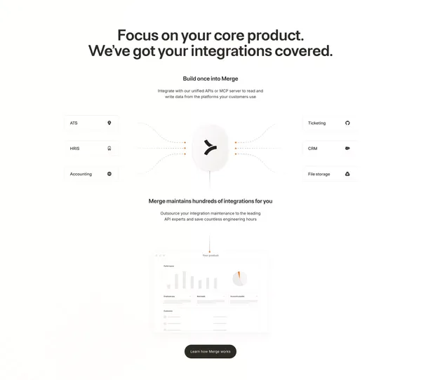 Merge - One Unified API for all HR, Payroll, Accounting, Ticketing, CRM, ATS, and File Storage Integrations. - Landing design inspiration