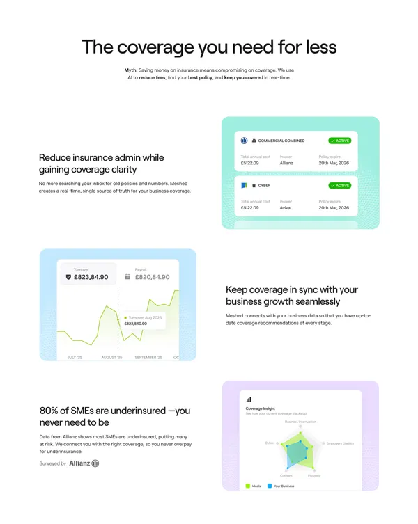 Meshed: Your best business insurance broker in finding the right cover with AI - Landing design inspiration