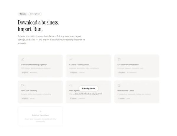 Paperclip — Open-source orchestration for zero-human companies - Landing design inspiration