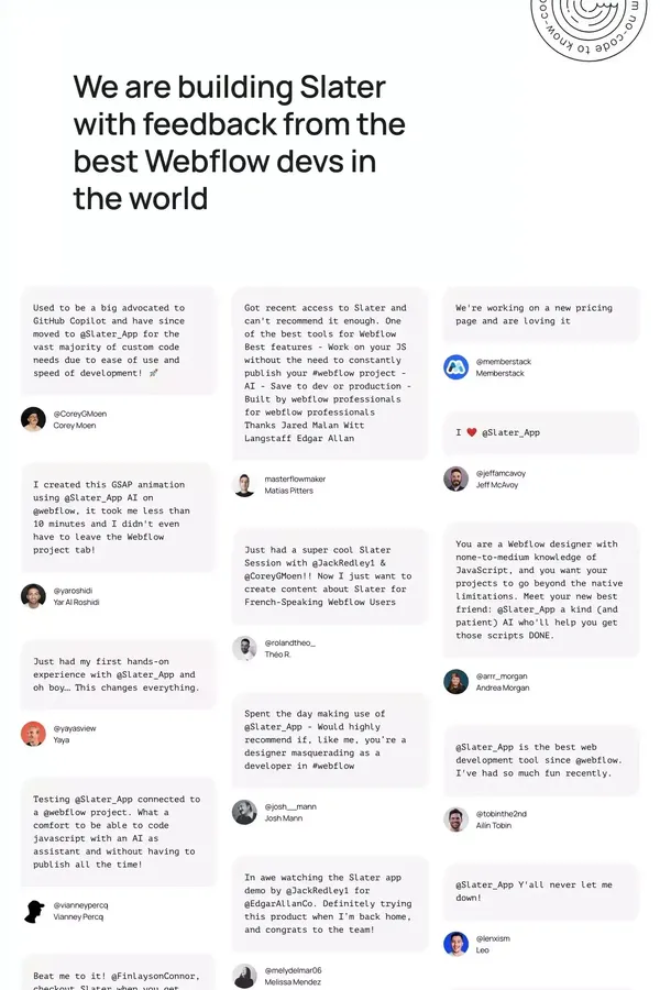 Slater | AI Custom Code Tool For Webflow Projects - Landing design inspiration