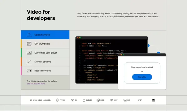 The Internet's video infrastructure | Mux - Landing design inspiration