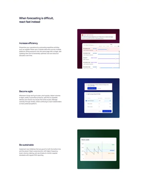 Ameba: Cut the wasted time, money and product in your supply chain - Landing design inspiration