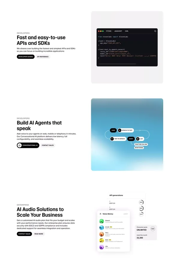 Free Text to Speech & AI Voice Generator | ElevenLabs - Landing design inspiration