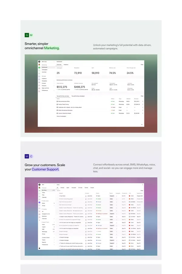 Bird | Vereinheitlichtes CRM fÃ¼r Marketing, Service & Payments - Landing design inspiration
