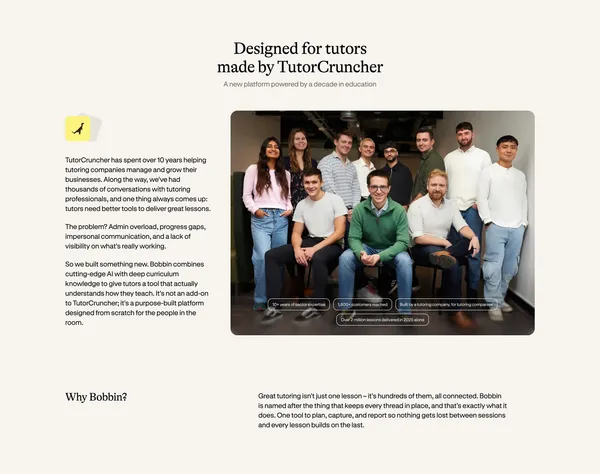 Bobbin - AI lesson planning for tutors | TutorCruncher - Landing design inspiration