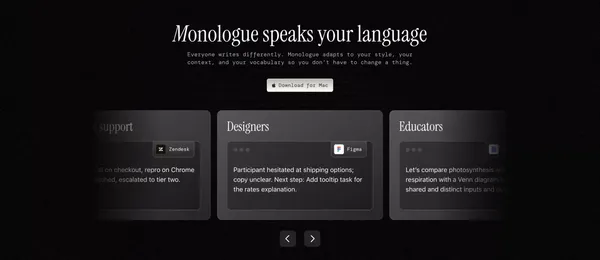 Monologue | Effortless voice dictation so you can work 3x faster - Landing design inspiration
