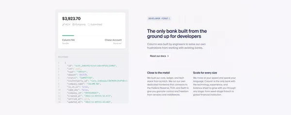 Column — The developer infrastructure bank - Landing design inspiration