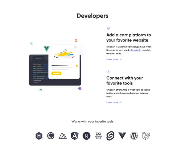 Add a Shopping Cart to Any Website in Minutes - Snipcart - Landing design inspiration