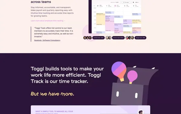 Toggl: Time Tracking Software, Project Planning & Hiring Tools - Landing design inspiration