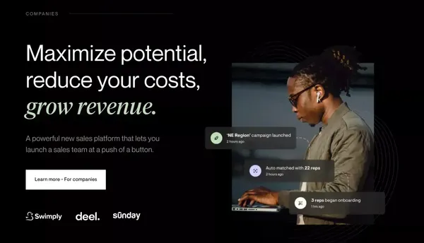 SellX: Effortlessly source, manage & scale remote sales talent - Landing design inspiration