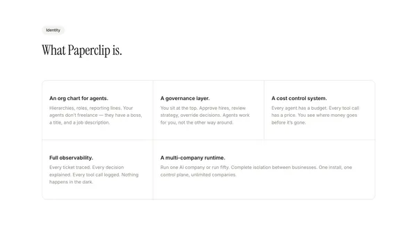 Paperclip — Open-source orchestration for zero-human companies - Landing design inspiration