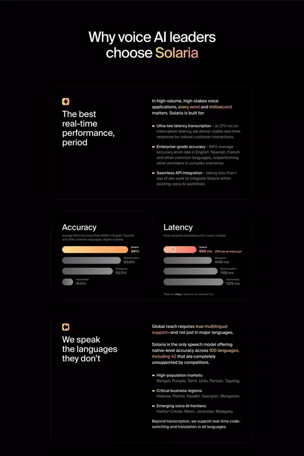 Solaria I The first truly universal speech-to-text model - Landing design inspiration