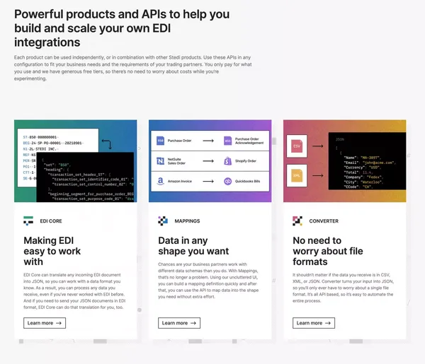 APIs for building EDI integrations - Landing design inspiration