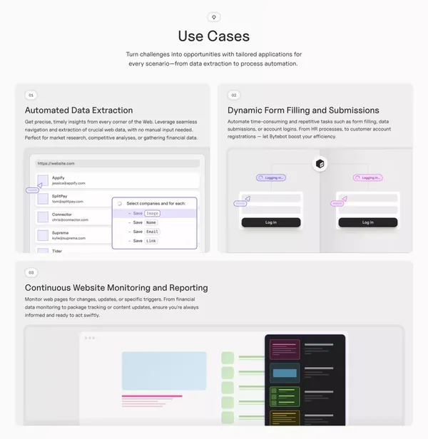 Bytebot - Leverage the power of AI in your web scraping, automation, testing and monitoring. - Landing design inspiration
