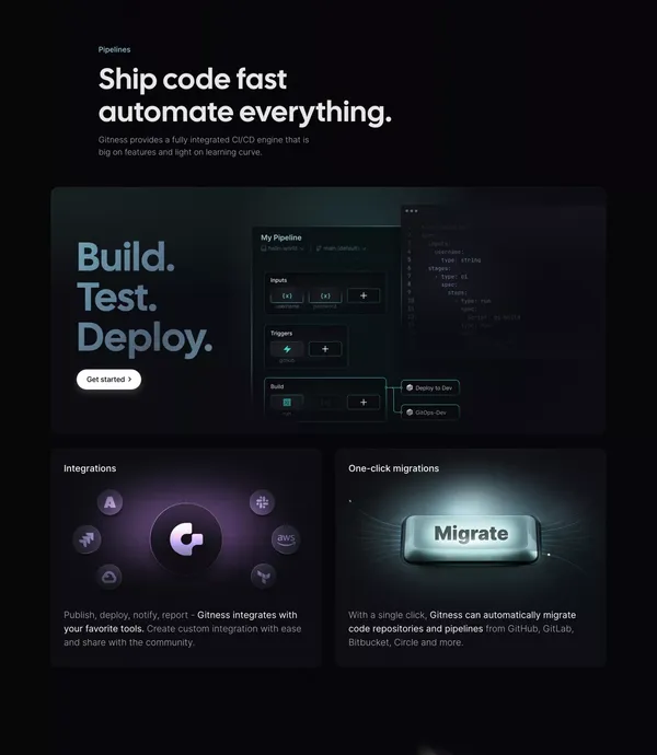 Gitness: Open-Source Code Hosting & CI/CD Pipeline Engine - Landing design inspiration