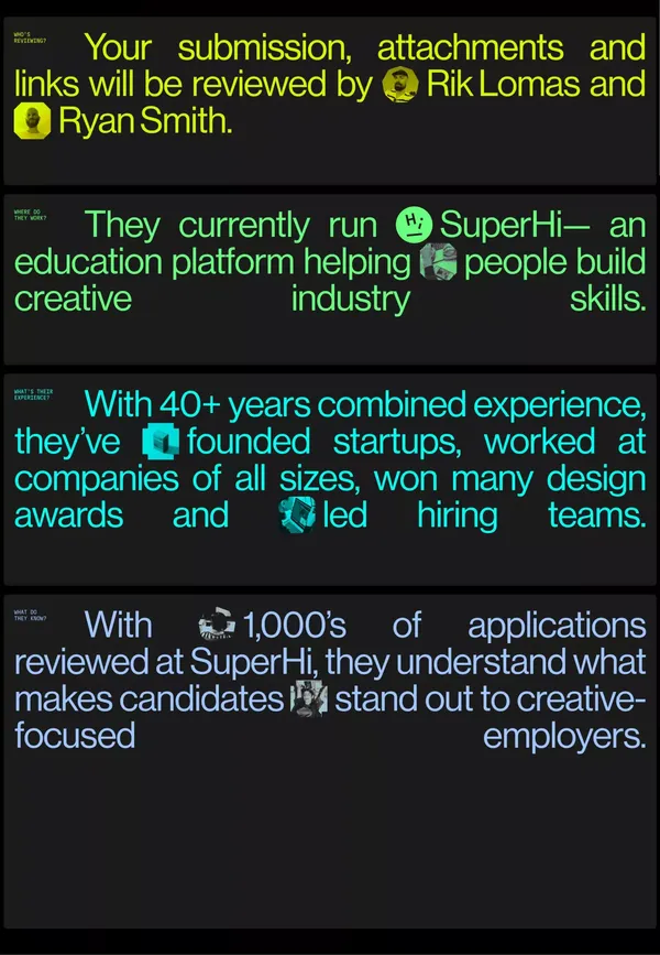 Real feedback for creative industry job applications | SuperHi.cv - Landing design inspiration