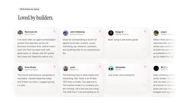 Paperclip — Open-source orchestration for zero-human companies - Landing design inspiration