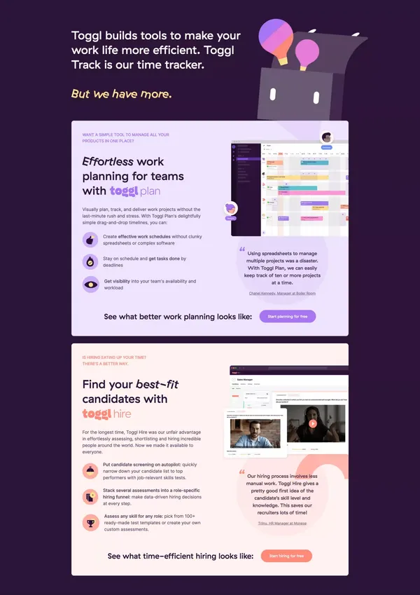 Toggl: Time Tracking Software, Project Planning & Hiring Tools - Landing design inspiration