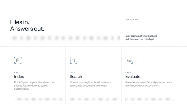 Captain - Self-tuning file search for AI agents · Captain - Landing design inspiration