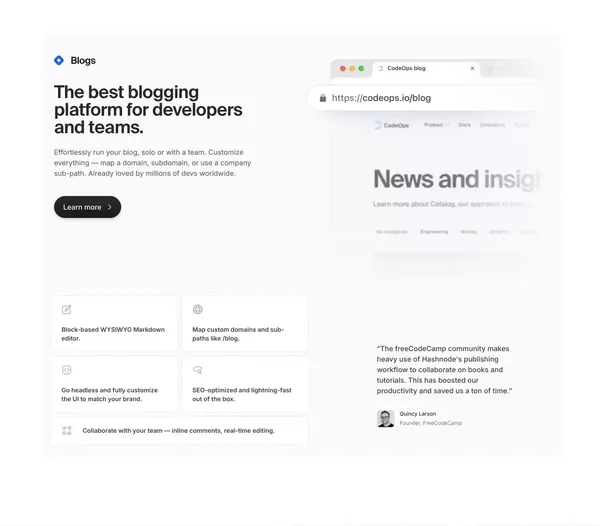 Hashnode — Build blogs and API docs for developers and teams. - Landing design inspiration