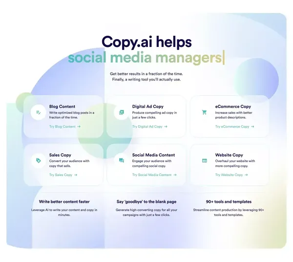 Copy.ai: Write better marketing copy and content with AI - Landing design inspiration