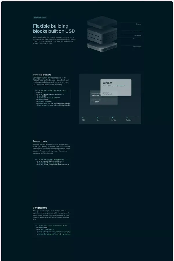 Column — The developer infrastructure bank - Landing design inspiration