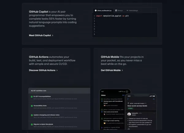 GitHub: Let’s build from here · GitHub - Landing design inspiration