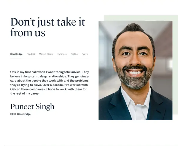 Oak HC/FT | The best connected team in healthcare and fintech - Landing design inspiration