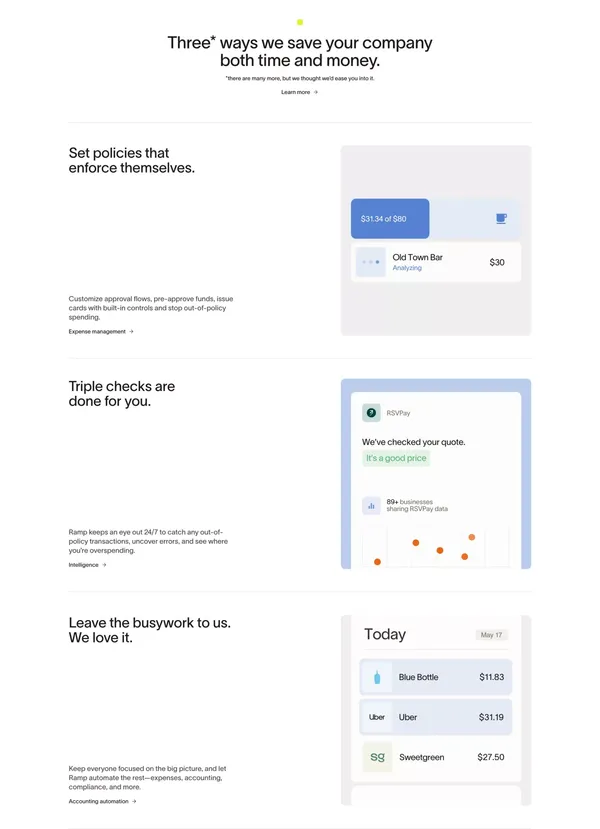 Spend Management, Corporate Cards & Accounts Payable Solutions | Ramp - Landing design inspiration