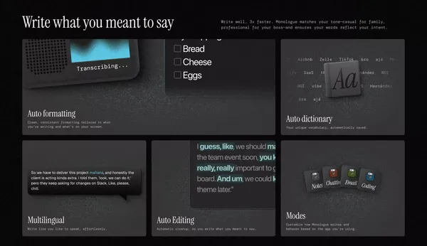 Monologue | Effortless voice dictation so you can work 3x faster - Landing design inspiration