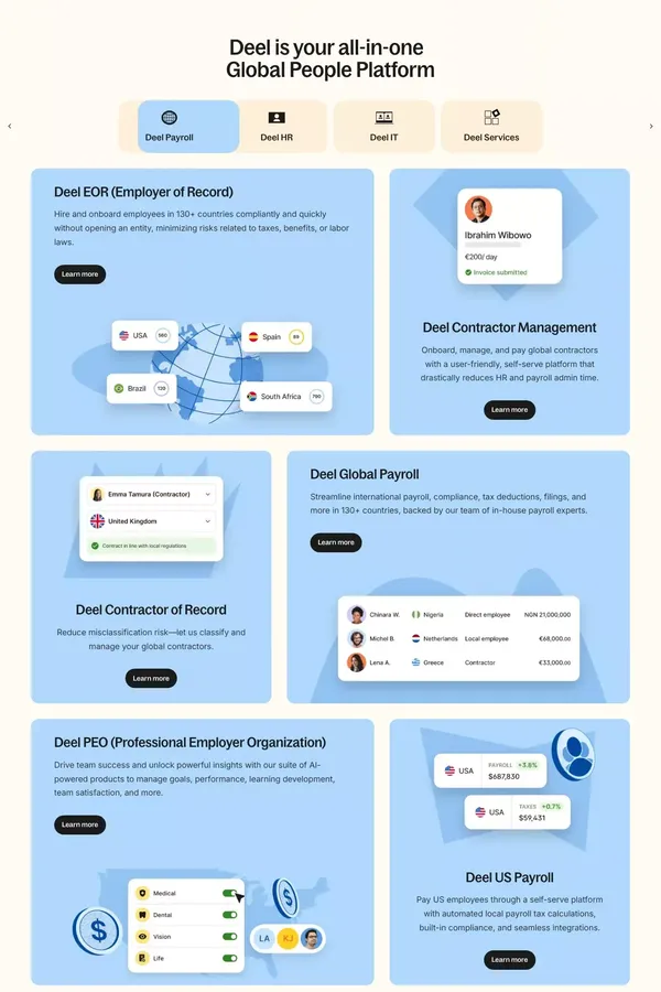 Deel | Global Payroll, Compliance & HR Solutions | HRIS - Landing design inspiration