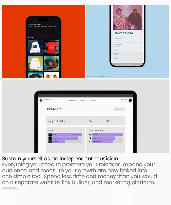 Musician Website Builder - Band Smart Link in Bio - Supertape - Landing design inspiration