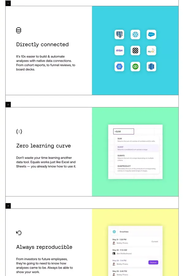 Equals | The fastest way for startups to do any analysis - Landing design inspiration