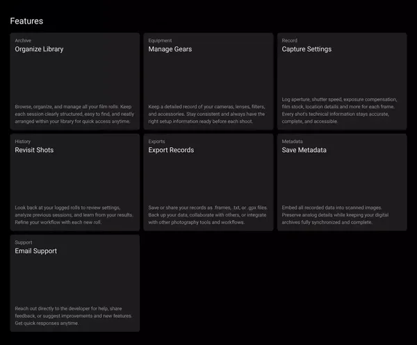 Frames: Film Photography App, Notebook & Analog Metadata - Landing design inspiration