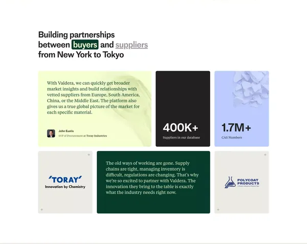Valdera | The digital sourcing platform for chemicals and raw materials - Landing design inspiration