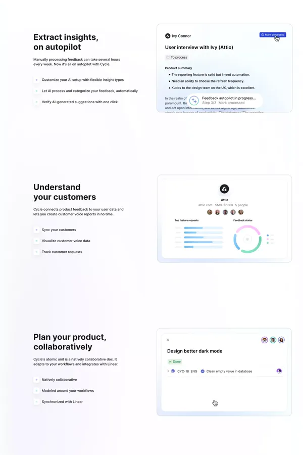 Cycle | Your feedback hub, on autopilot - Landing design inspiration