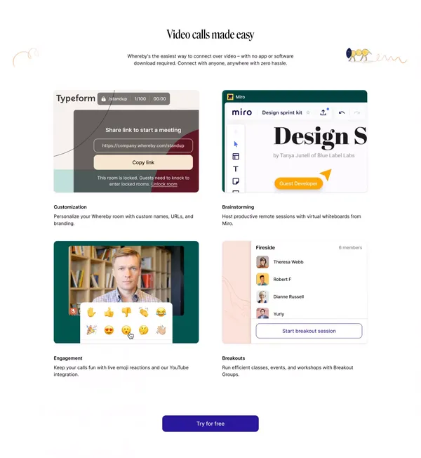 Video Meetings, Video Conferencing and Video Call API  | Whereby - Landing design inspiration