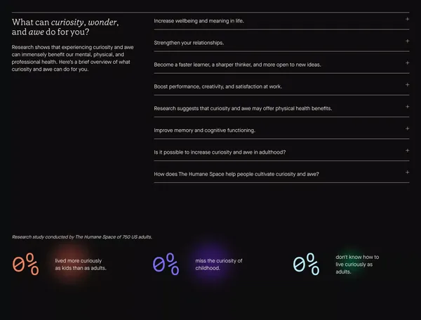 The Humane Space - Unlock the power of curiosity and awe. - Landing design inspiration