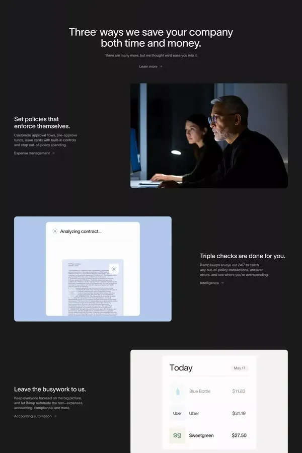 Spend Management, Corporate Cards & Accounts Payable Solutions | Ramp - Landing design inspiration