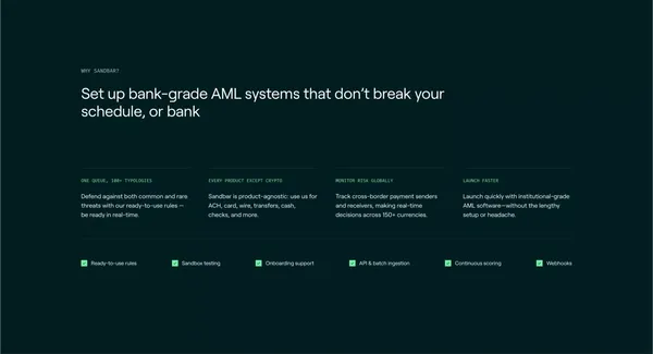 Sandbar | Modular anti-money laundering (AML) software - Landing design inspiration
