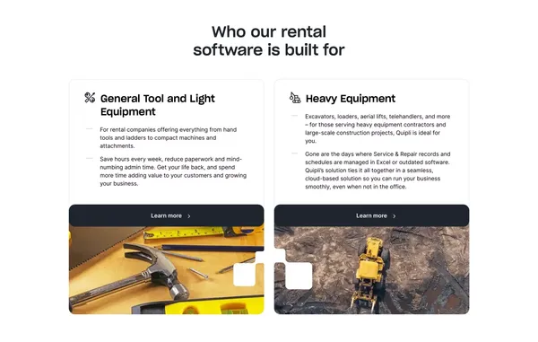 Equipment Rental Software & Inventory Management | Quipli - Landing design inspiration
