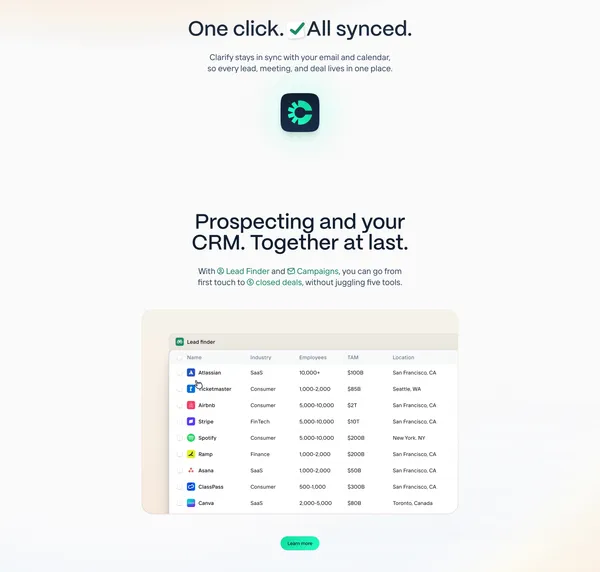 Clarify - The autonomous CRM for founder-led startups - Landing design inspiration