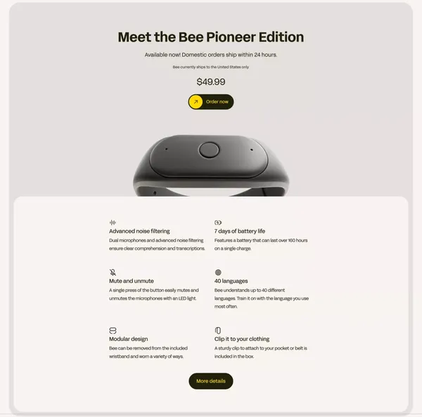 Bee - Your new wearable personal AI - Landing design inspiration