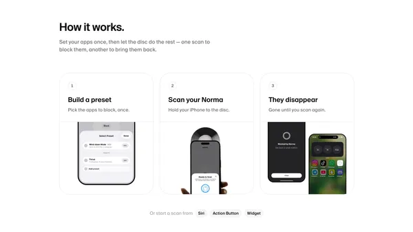 Norma — Block distracting apps by scanning a steel disc - Landing design inspiration