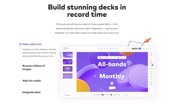 Pitch | Collaborative presentation software for modern teams - Landing design inspiration