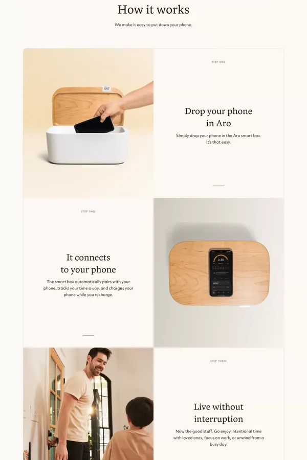 Aro  |  A little less phone. Way more life. - Landing design inspiration