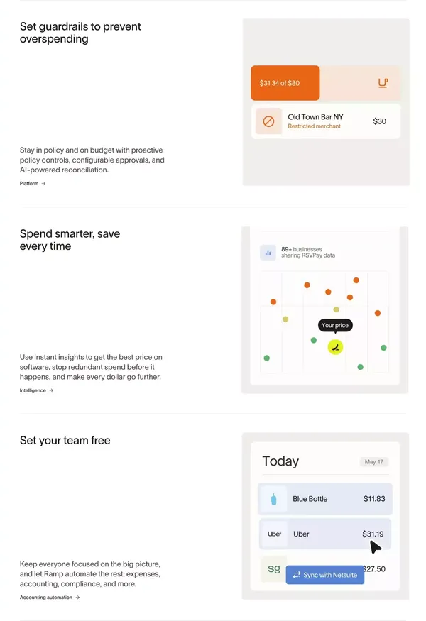 Spend Management, Corporate Cards & Accounts Payable Solutions | Ramp - Landing design inspiration
