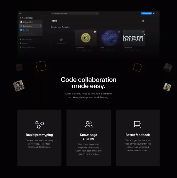 CodeSandbox: Online Code Editor and IDE for Rapid Web Development - Landing design inspiration
