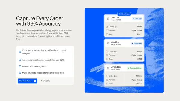 Maple | Voice AI That Answers Calls & Takes Orders for Restaurants - Landing design inspiration